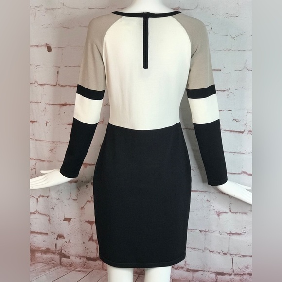 CALVIN KLEIN M Petite Colorblock Knit Long Sleeve Dress Black Taupe Cream MP - Picture 6 of 16